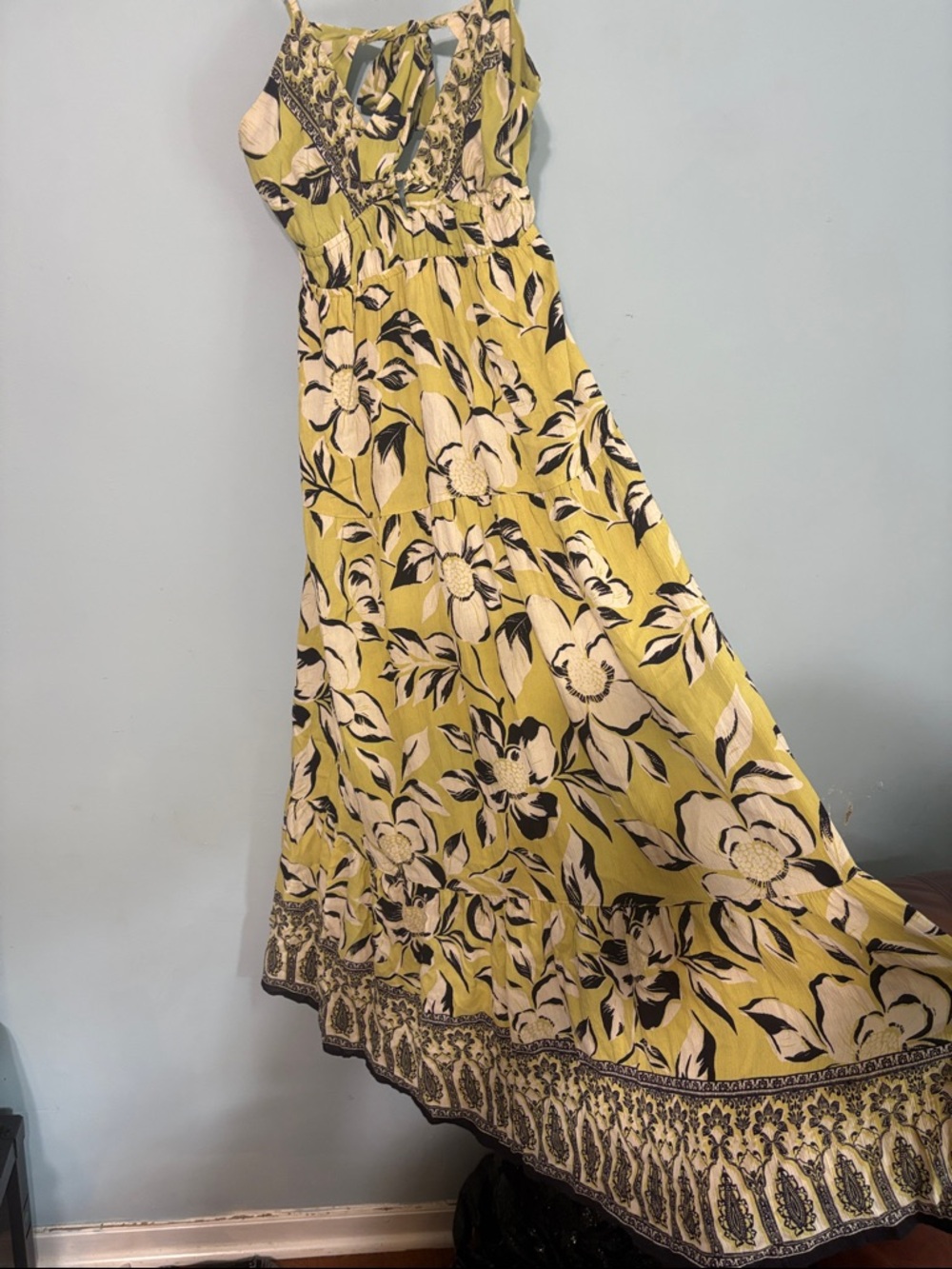 Medium Angie Chartreuse Green black boho Floral Rayon open back tie Maxi Dress - Picture 4 of 6